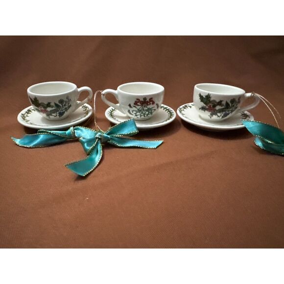 Set of 3 Portmeirion Holly and Ivy Tea Cup w/ Saucer Ornaments - Picture 1 of 5